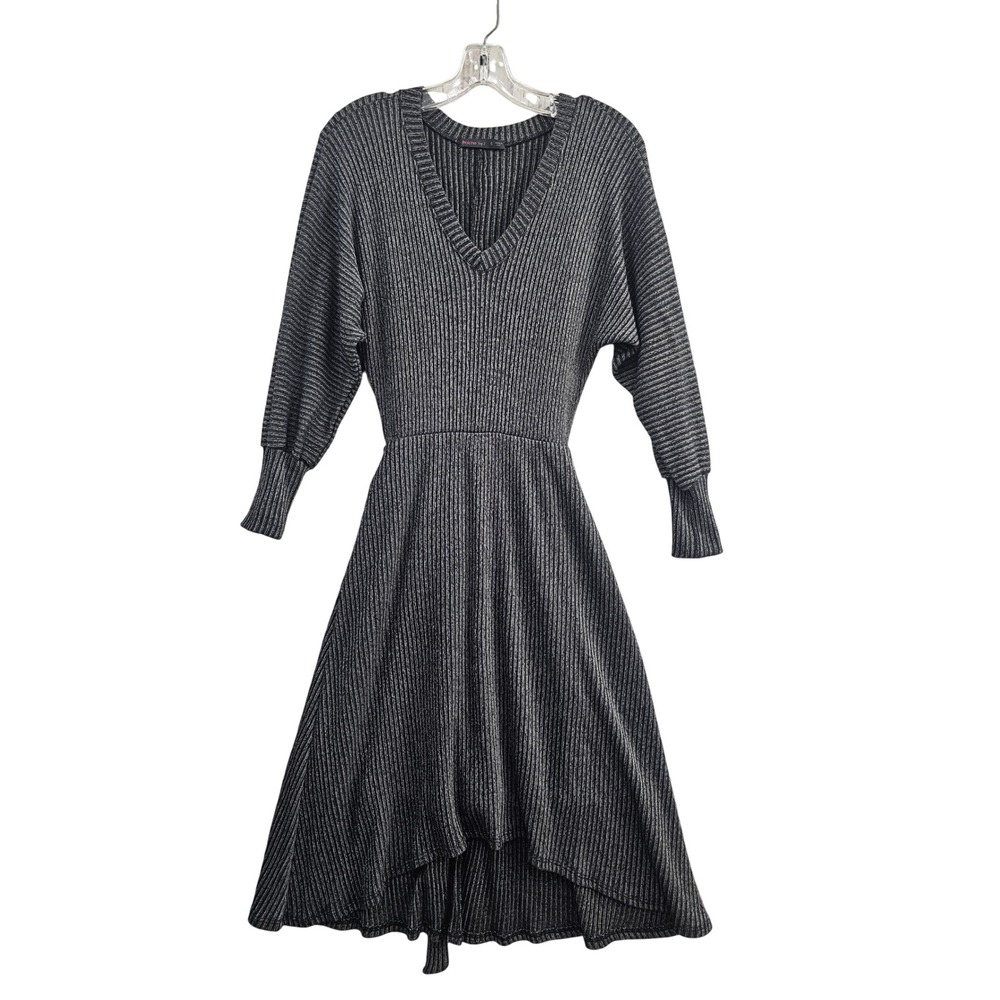 Fraiche by J Sweater Dress Small Grey Ribbed V-Neck Tie Waist Dolman High Low